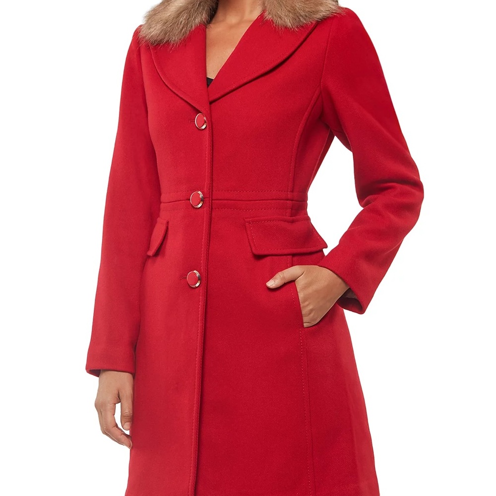 Kate Spade Red Pea Coat with Faux Fur Collar